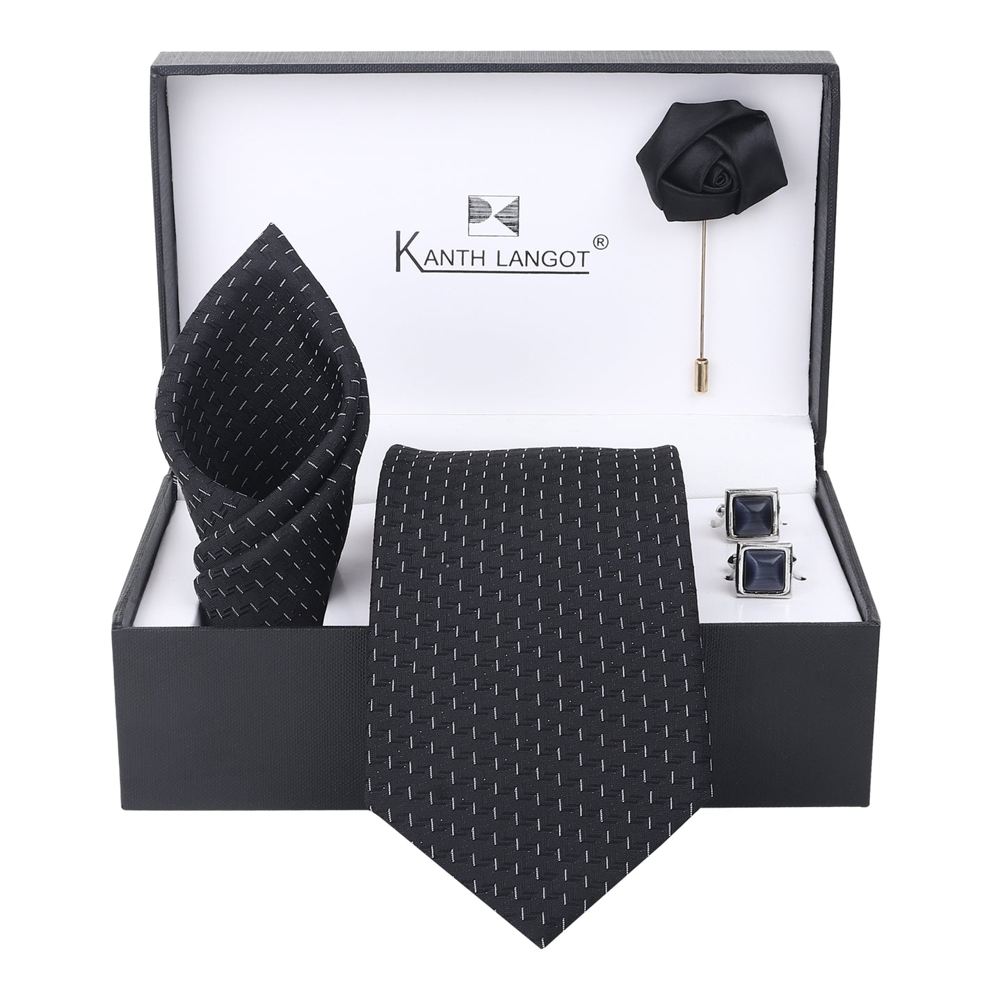 Kanthlangot Classic Black Necktie Set with Pocket Square, Cufflinks & Lapel Pin – Set of 4 for Men