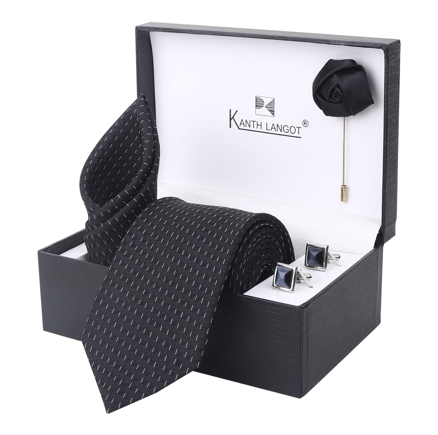 Kanthlangot Classic Black Necktie Set with Pocket Square, Cufflinks & Lapel Pin – Set of 4 for Men