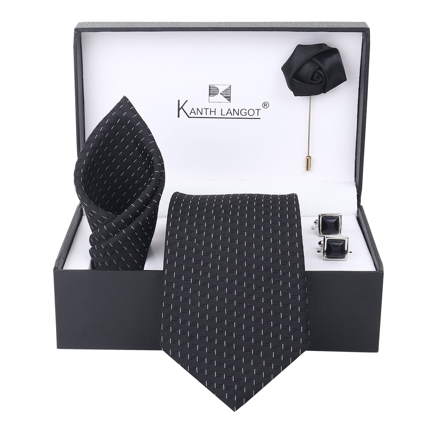 Kanthlangot Black Microdash Necktie Set with Pocket Square, Cufflinks & Lapel Pin – Set of 4 for Men