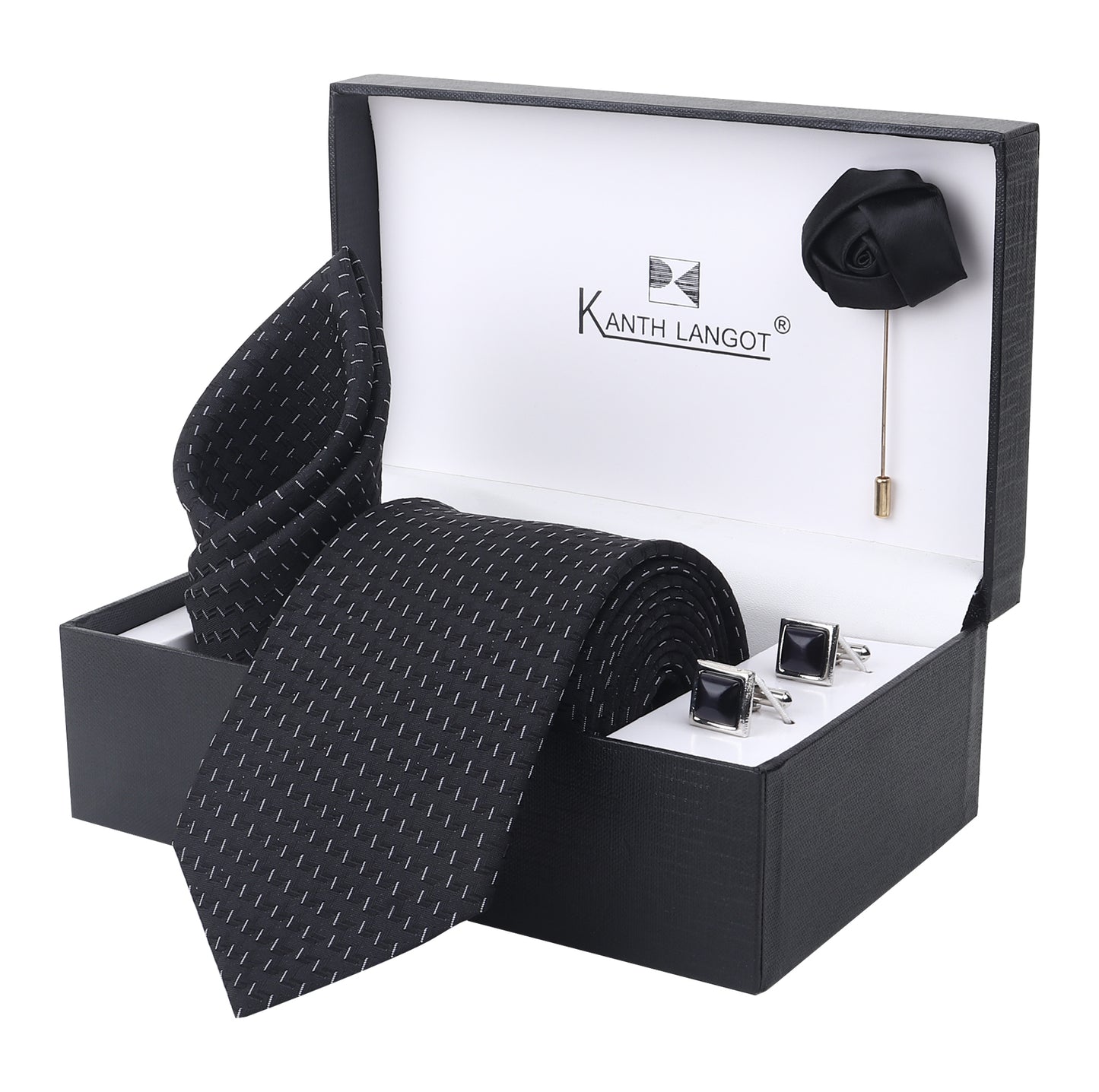 Kanthlangot Black Microdash Necktie Set with Pocket Square, Cufflinks & Lapel Pin – Set of 4 for Men