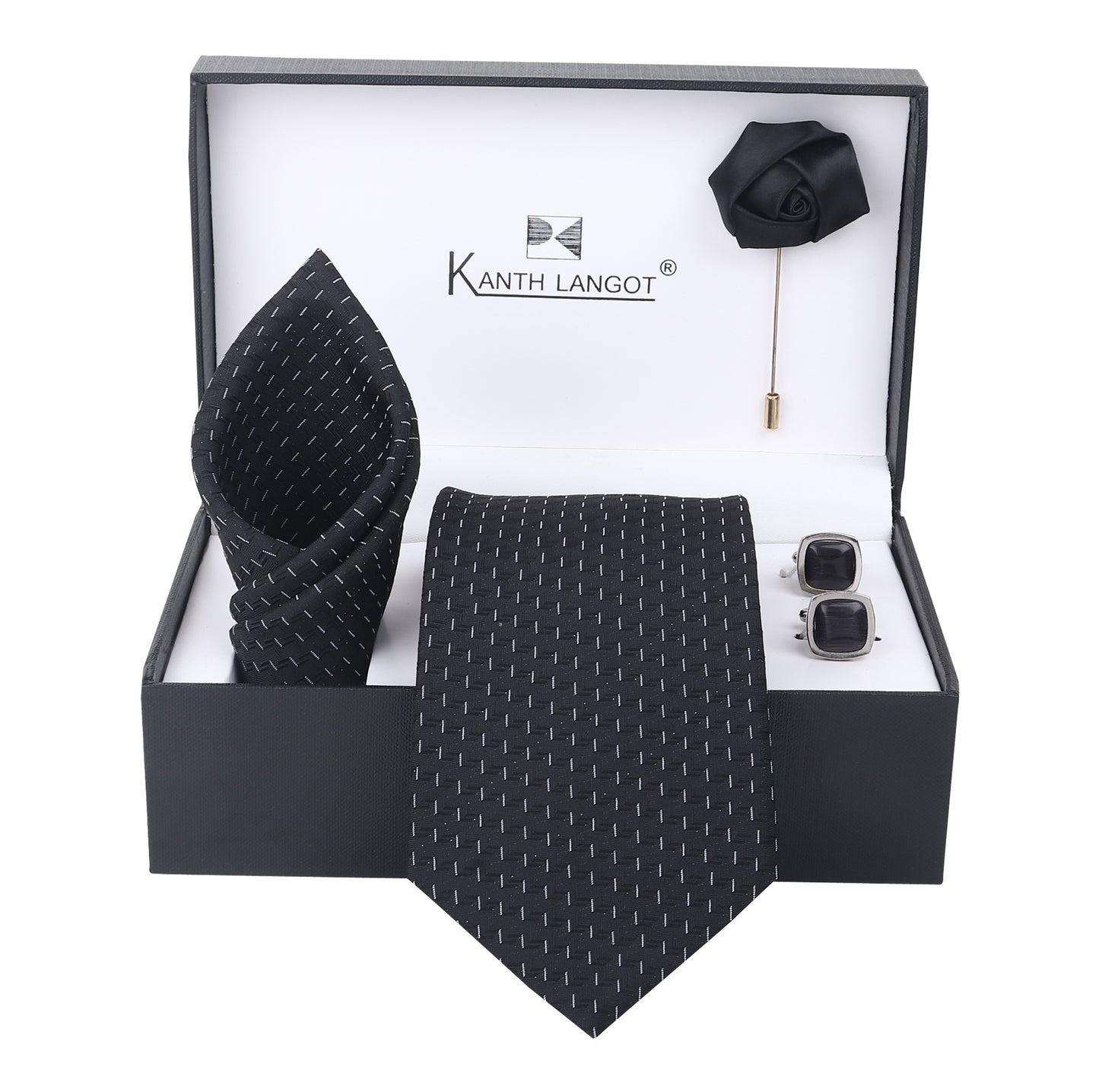 Kanthlangot Black Microdash Tie Set with Pocket Square, Cufflinks & Lapel Pin – Gift Set of 4 for Men