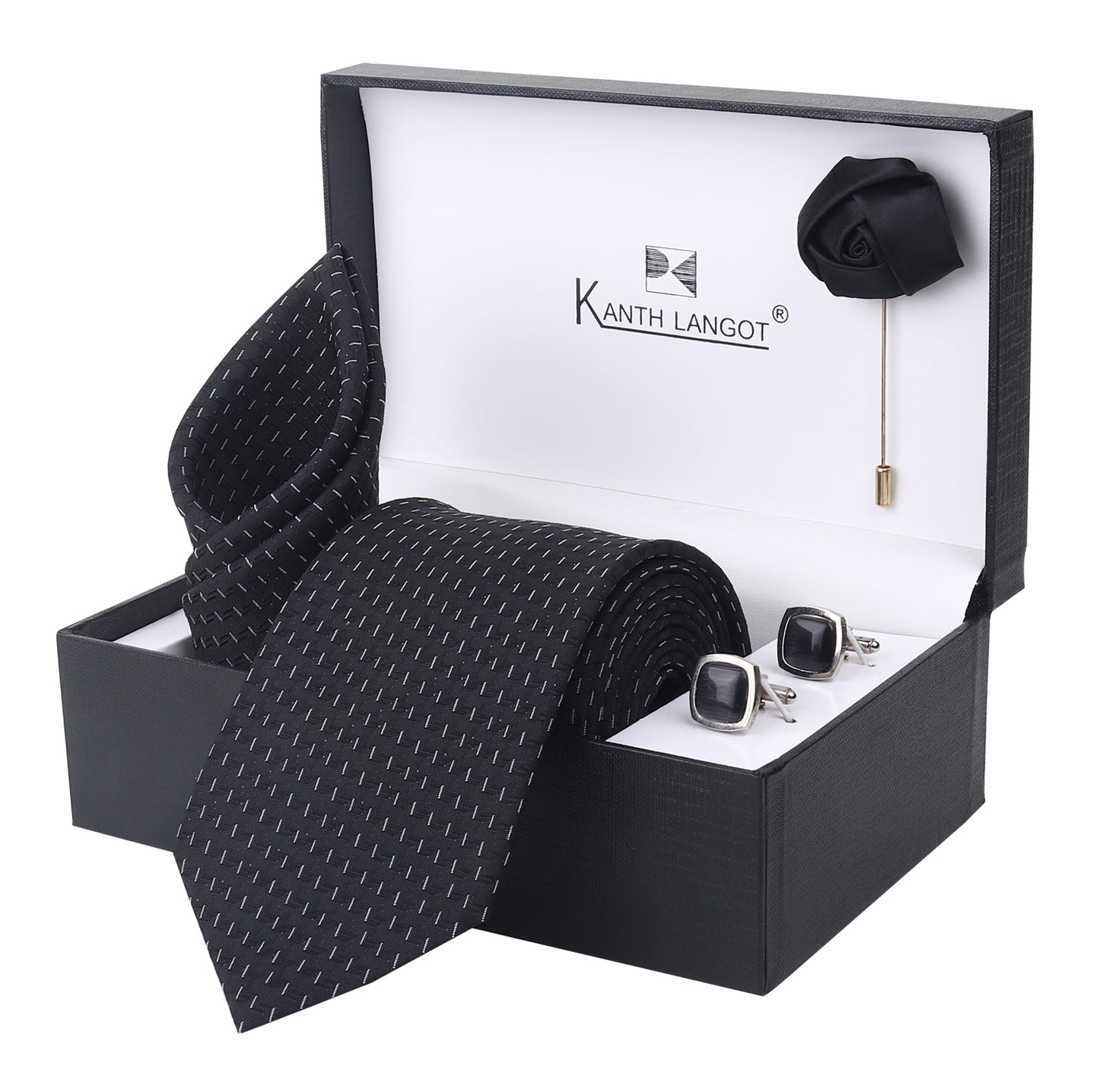 Kanthlangot Black Microdash Tie Set with Pocket Square, Cufflinks & Lapel Pin – Gift Set of 4 for Men