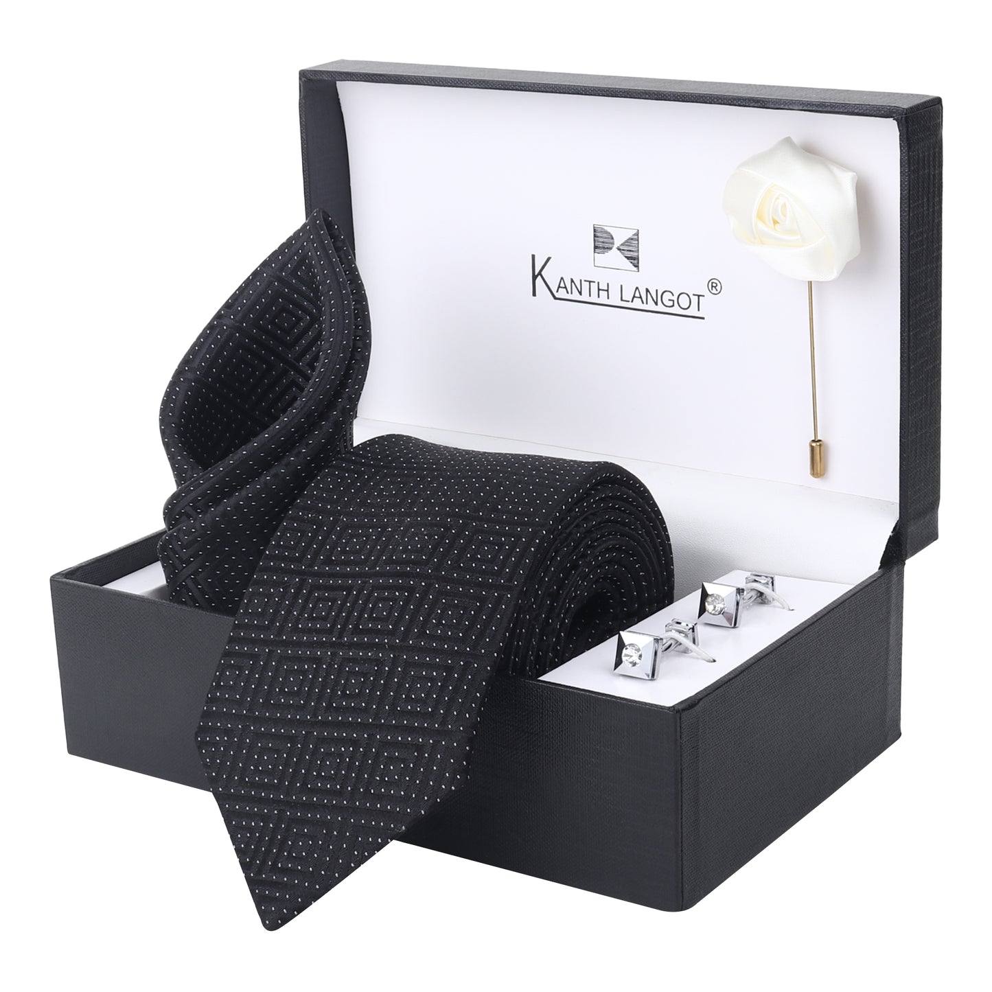 Kanthlangot Black Diamond Dot Tie Set with Pocket Square, Cufflinks & Lapel Pin – Set of 4