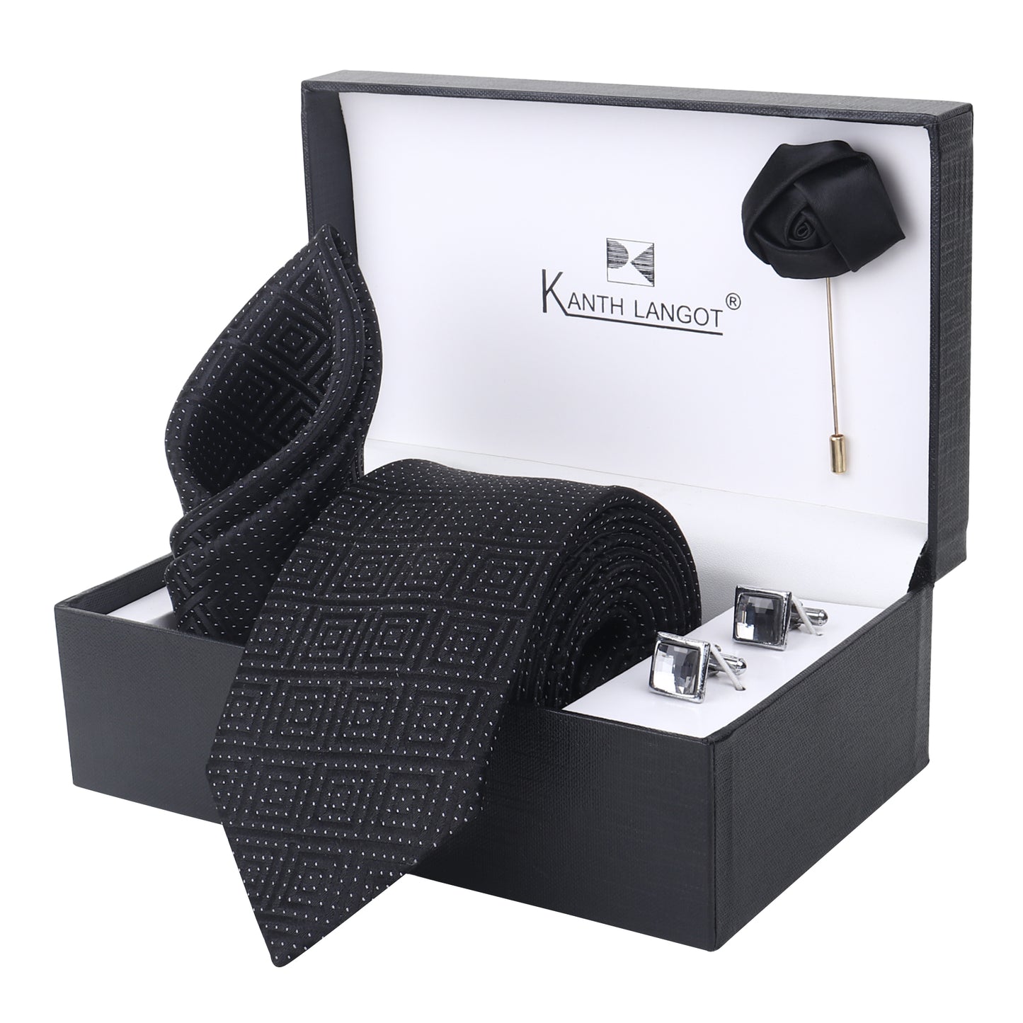 Kanthlangot Textured Black Grid Tie Set with Pocket Square, Cufflinks & Lapel Pin – Set of 4