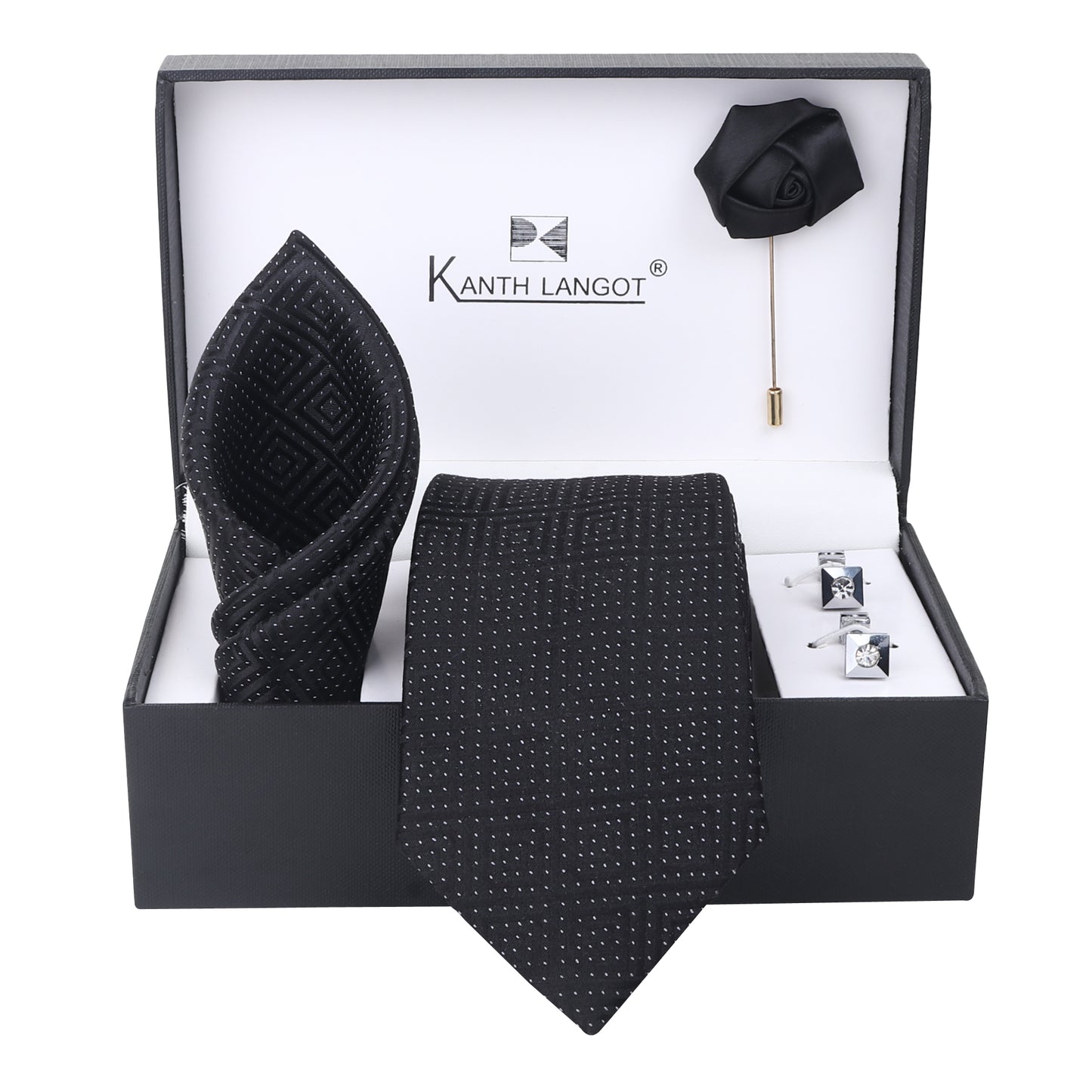 Kanthlangot Diamond Textured Black Tie Set with Pocket Square, Cufflinks & Lapel Pin – Set of 4