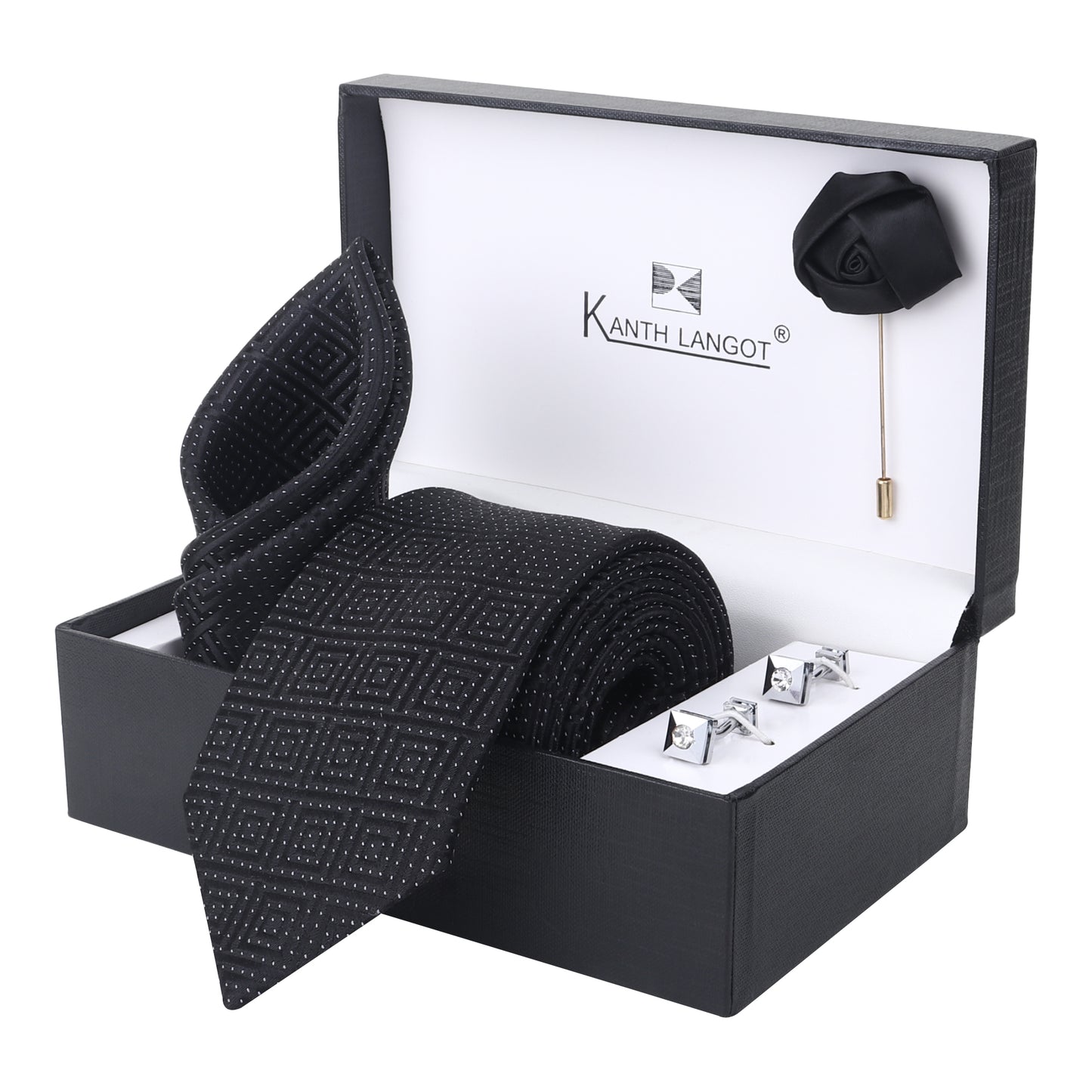 Kanthlangot Diamond Textured Black Tie Set with Pocket Square, Cufflinks & Lapel Pin – Set of 4