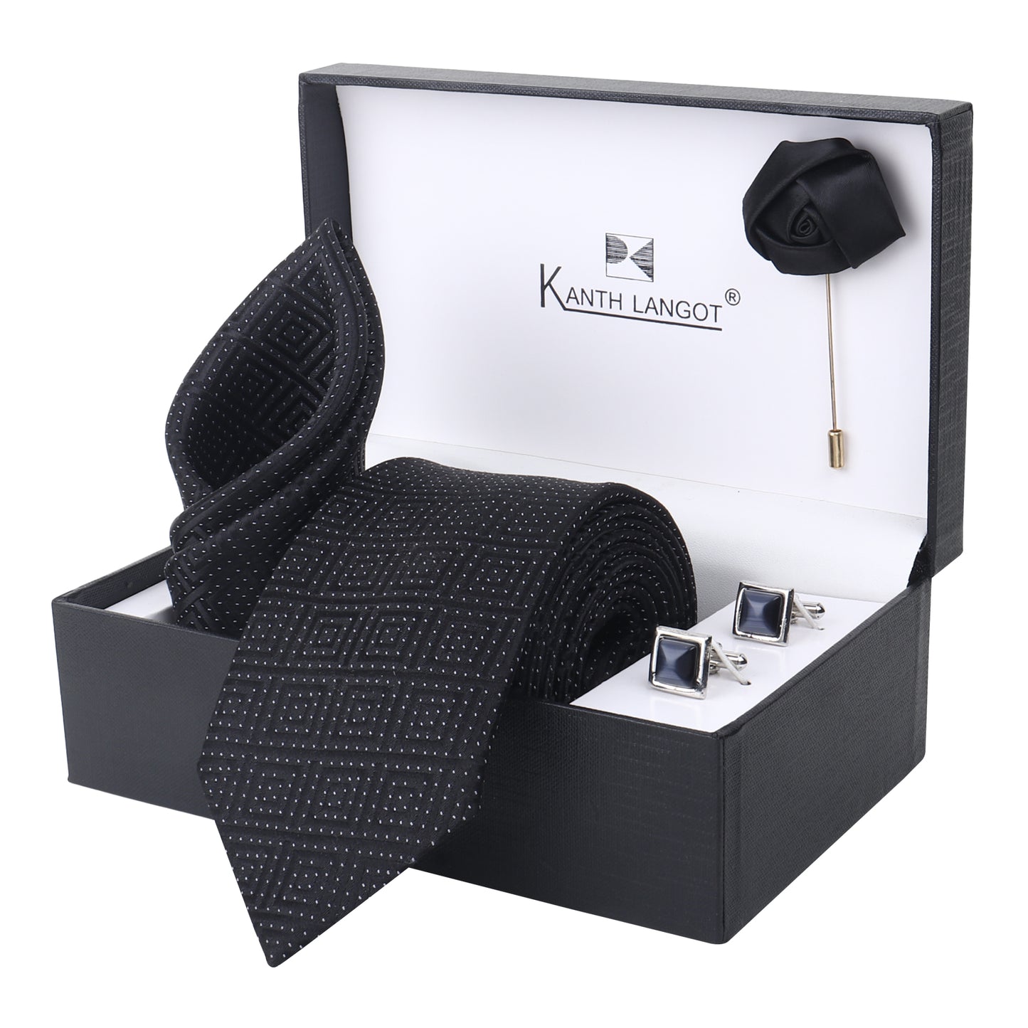 Kanthlangot Black Diamond Grid Tie Set with Pocket Square, Cufflinks & Lapel Pin – Set of 4
