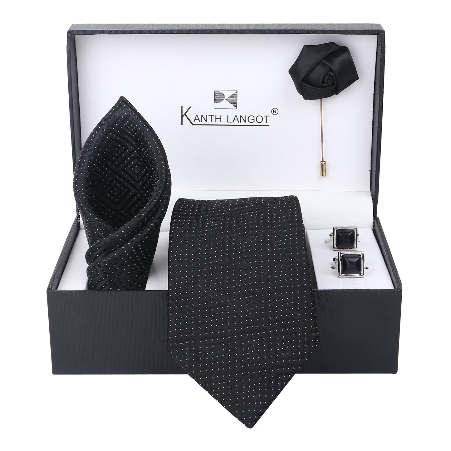Kanthlangot Black Geometric Tie Set with Pocket Square, Cufflinks & Lapel Pin – Set of 4