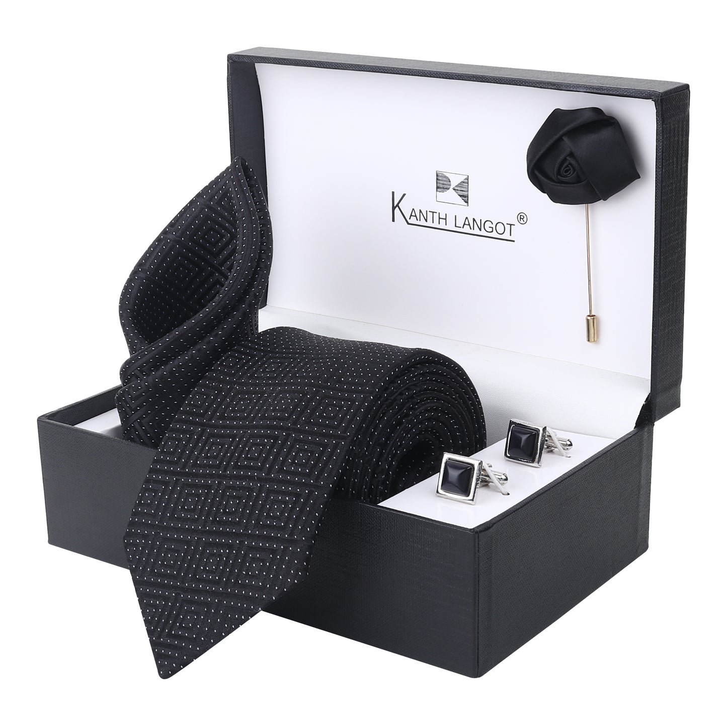 Kanthlangot Black Geometric Tie Set with Pocket Square, Cufflinks & Lapel Pin – Set of 4