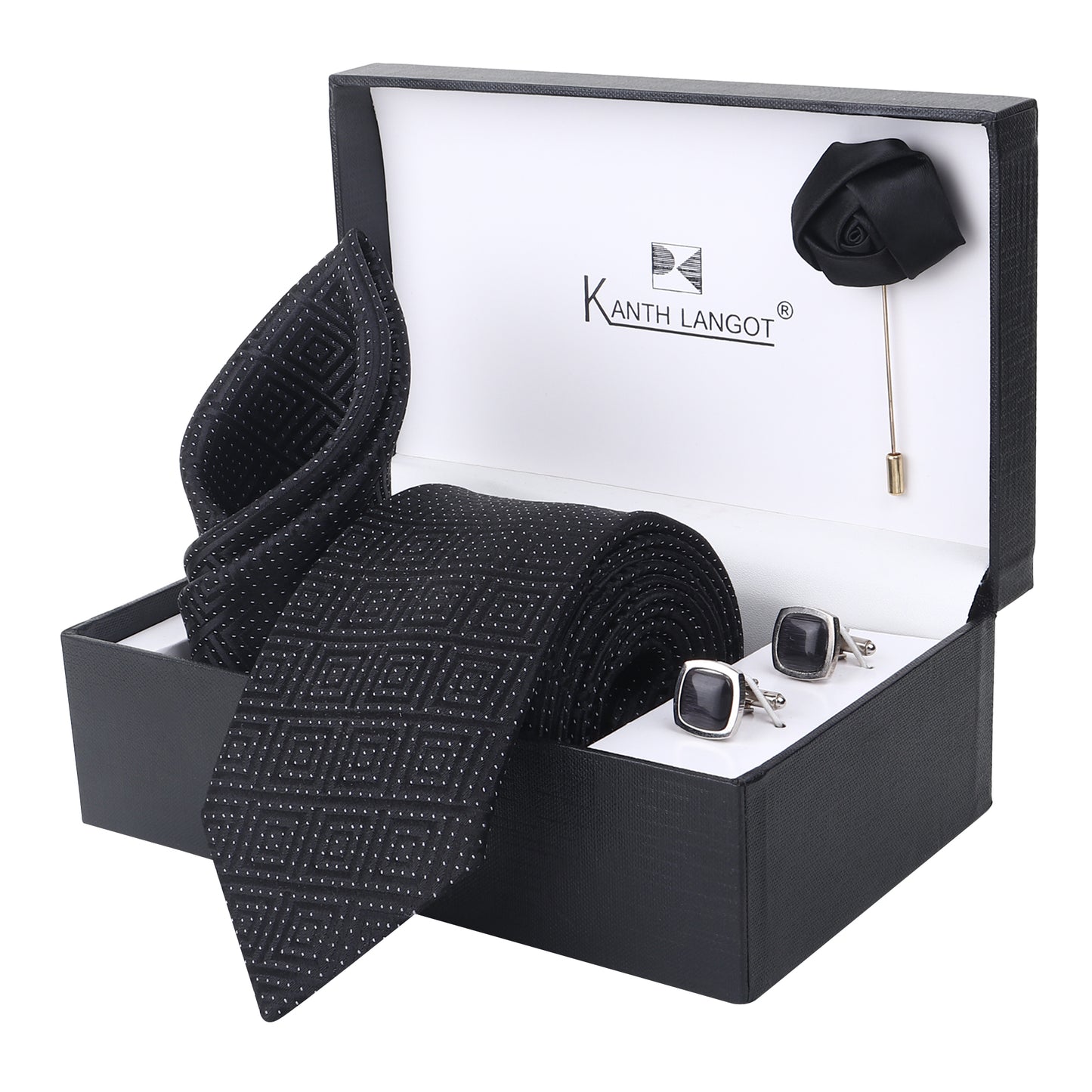 Kanthlangot Textured Black Tie Set with Pocket Square, Cufflinks & Lapel Pin – Set of 4