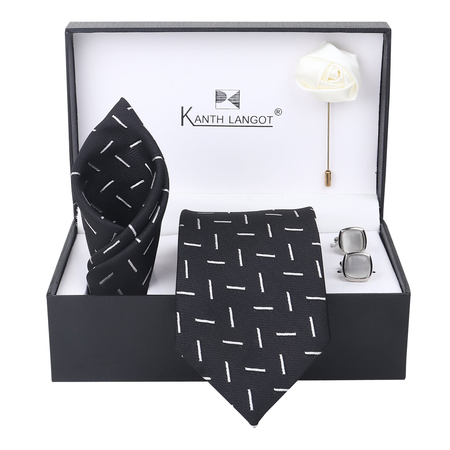 Kanthlangot Minimal Dash Black Tie Set with Pocket Square, Cufflinks & Lapel Pin – Set of 4