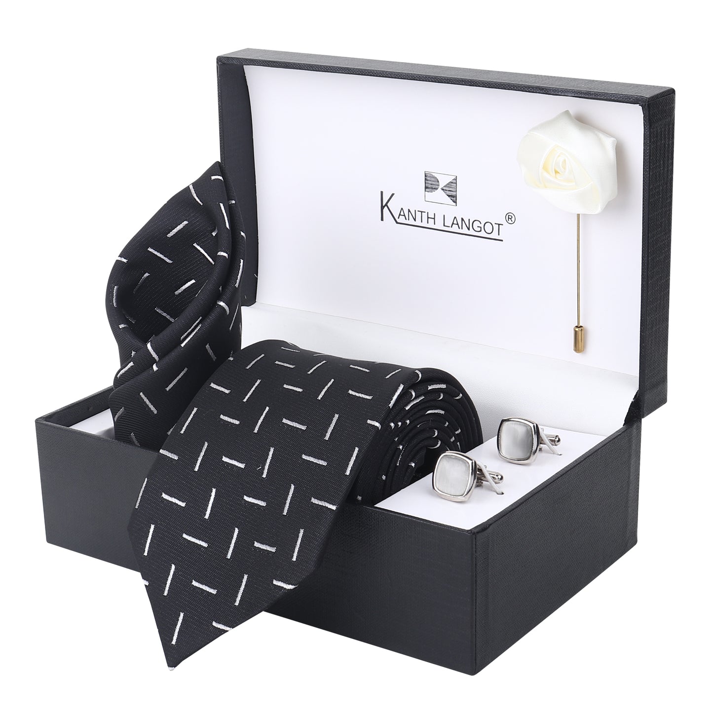 Kanthlangot Minimal Dash Black Tie Set with Pocket Square, Cufflinks & Lapel Pin – Set of 4