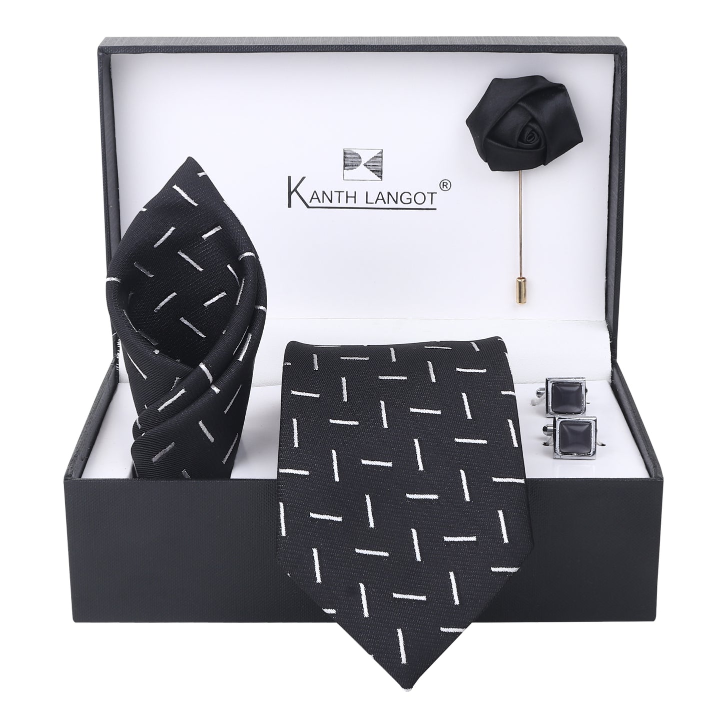 Kanthlangot Black Stripe Necktie with Pocket Square, Cufflinks & Lapel Pin – 4-in-1 Gift Set