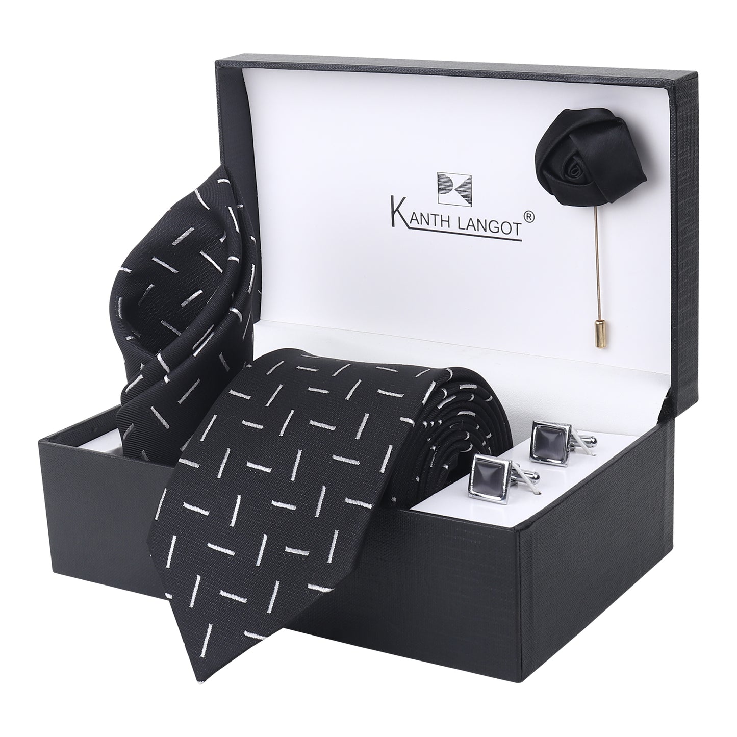 Kanthlangot Black Stripe Necktie with Pocket Square, Cufflinks & Lapel Pin – 4-in-1 Gift Set