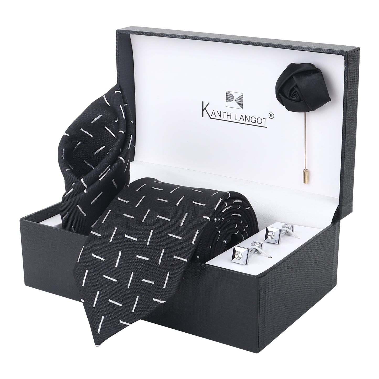 Kanthlangot Black Linear Stripe Tie with Pocket Square, Cufflinks & Lapel Pin – 4-Piece Gift Box Set