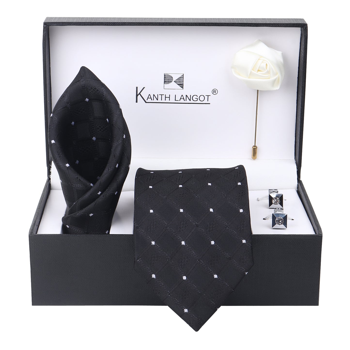Kanthlangot Set of 4: Black Diamond Texture Tie, Pocket Square, Silver Cufflinks & White Lapel Pin in Premium Gift Box