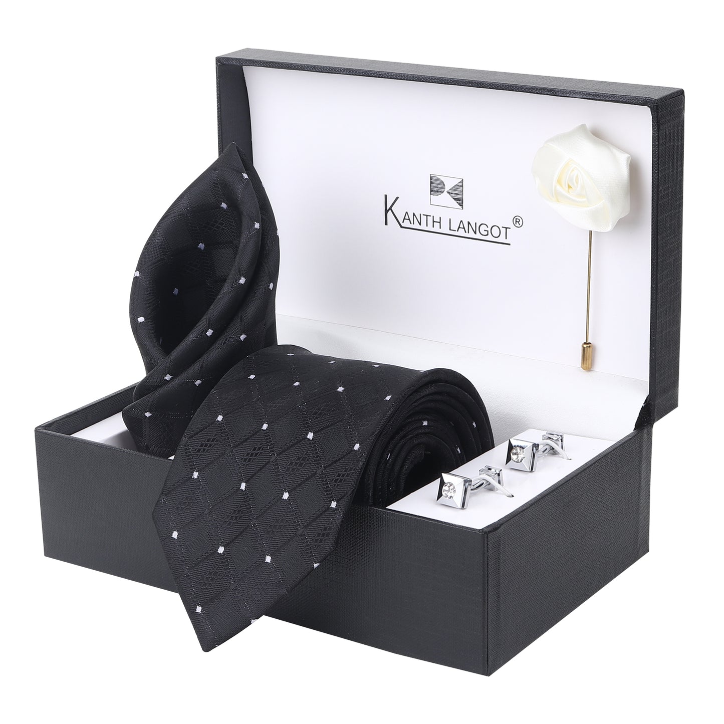 Kanthlangot Set of 4: Black Diamond Texture Tie, Pocket Square, Silver Cufflinks & White Lapel Pin in Premium Gift Box