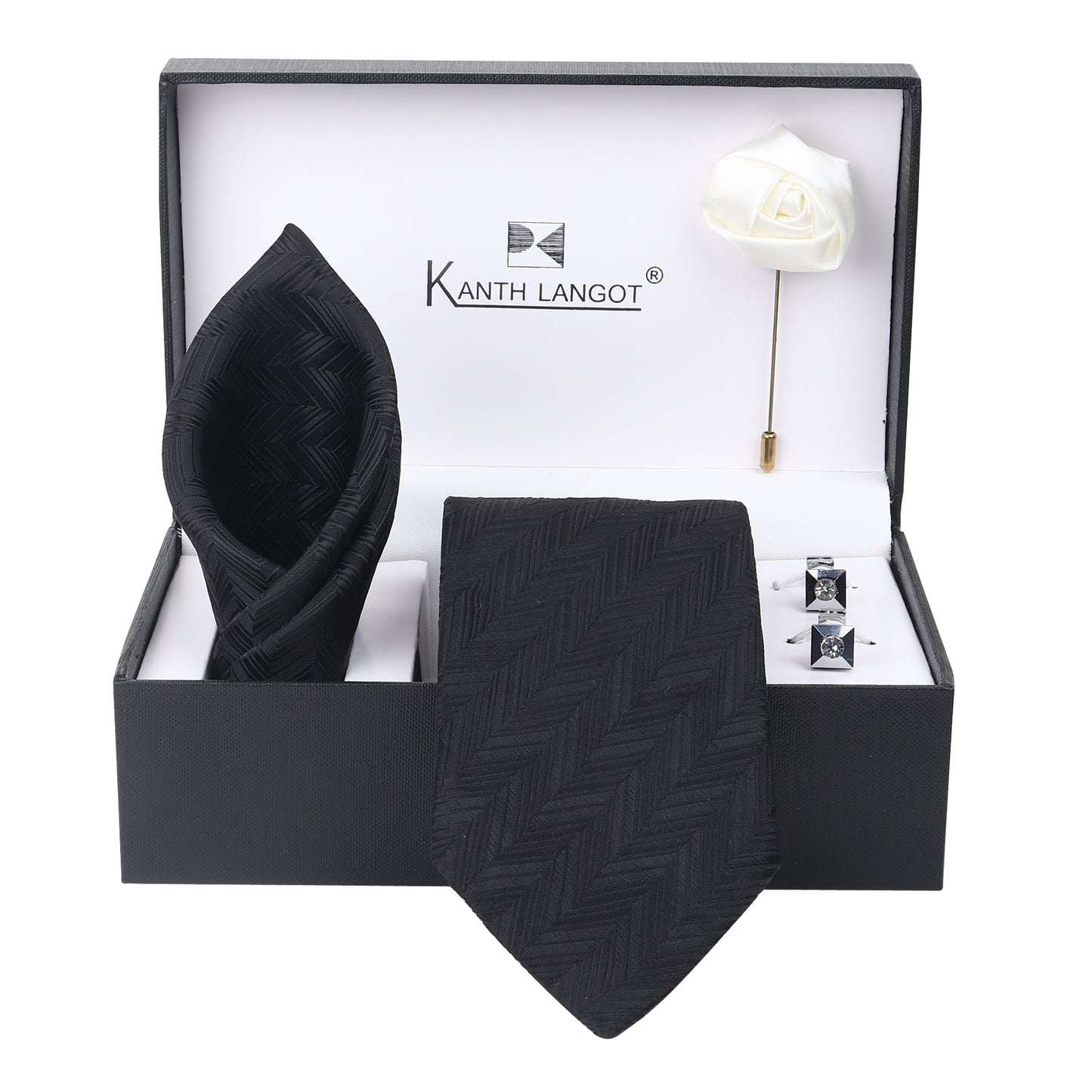 Kanthlangot Set of 4: Black Chevron Tie, Pocket Square, Crystal Cufflinks & White Lapel Pin in Gift Box