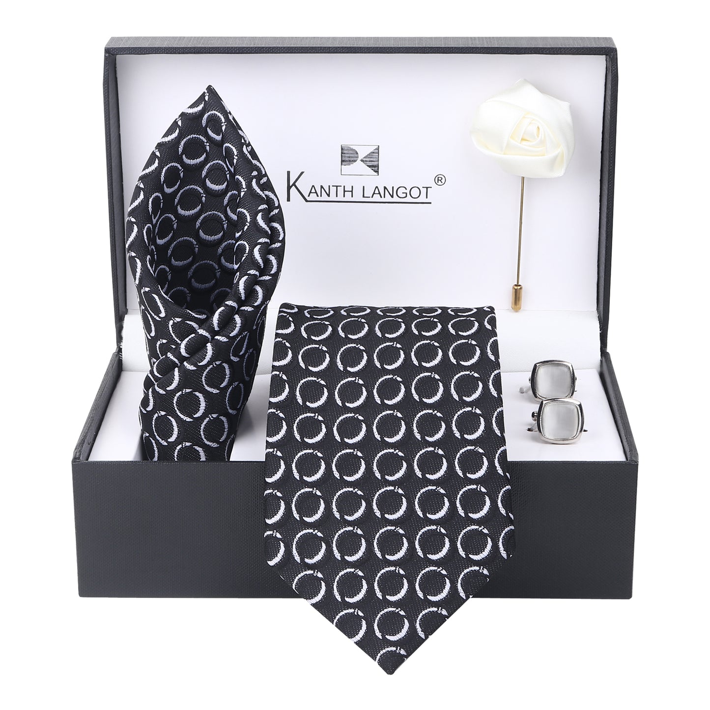Kanthlangot Set of 4: Black Circle Pattern Tie, Pocket Square, Silver Cufflinks & White Rose Lapel Pin in Gift Box