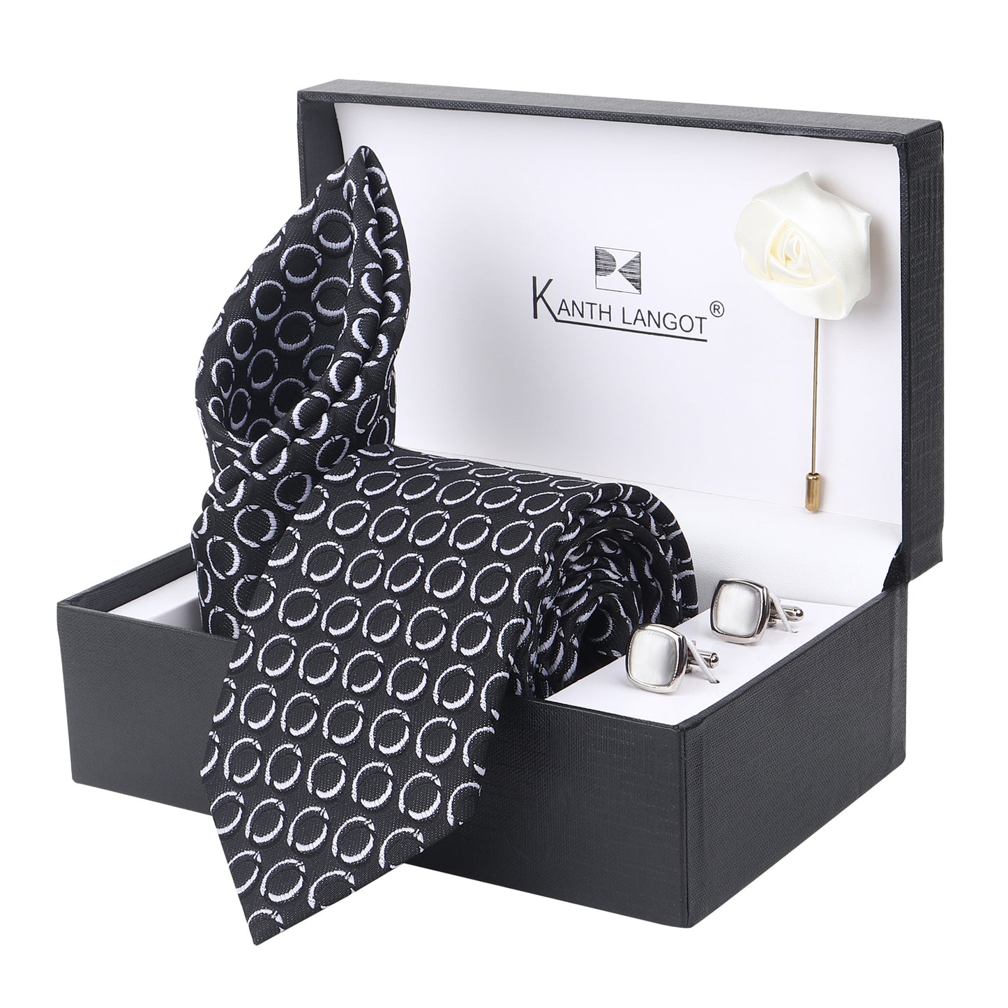 Kanthlangot Set of 4: Black Circle Pattern Tie, Pocket Square, Silver Cufflinks & White Rose Lapel Pin in Gift Box