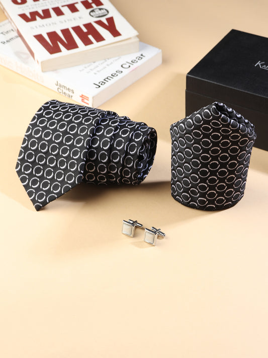 Kanthlangot Black & White Necktie Set for Men | 3-Inch Wide Tie with Pocket Square & Cufflinks | Premium Microfiber Formal Gift Set