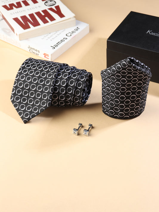 Kanthlangot Men’s 3-Piece Set – Black Circle Tie, Pocket Square & Crystal Cufflinks (3-Inch Necktie)