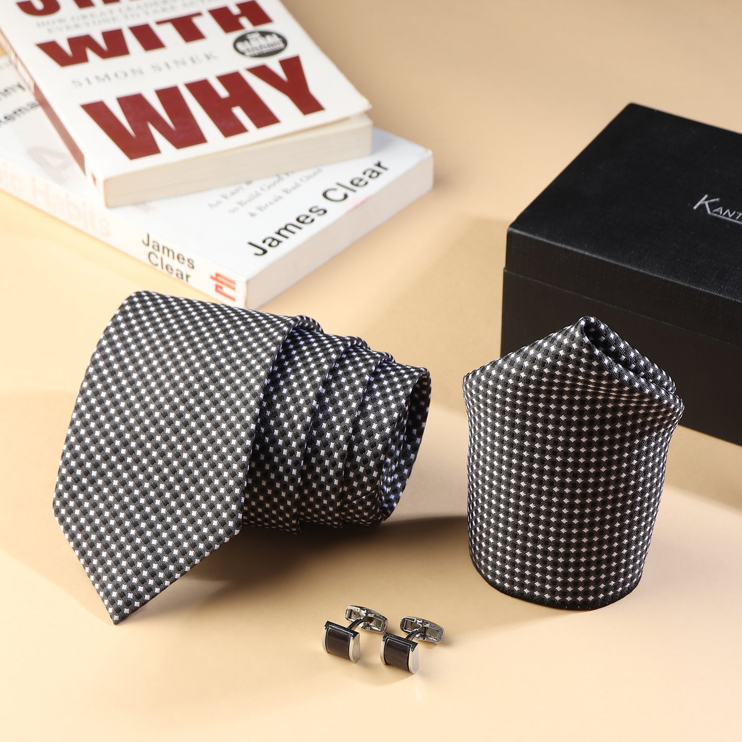 Kanthlangot Men’s 3-Piece Set – Micro-Check Black Tie, Pocket Square & Cufflinks (3-Inch Necktie)
