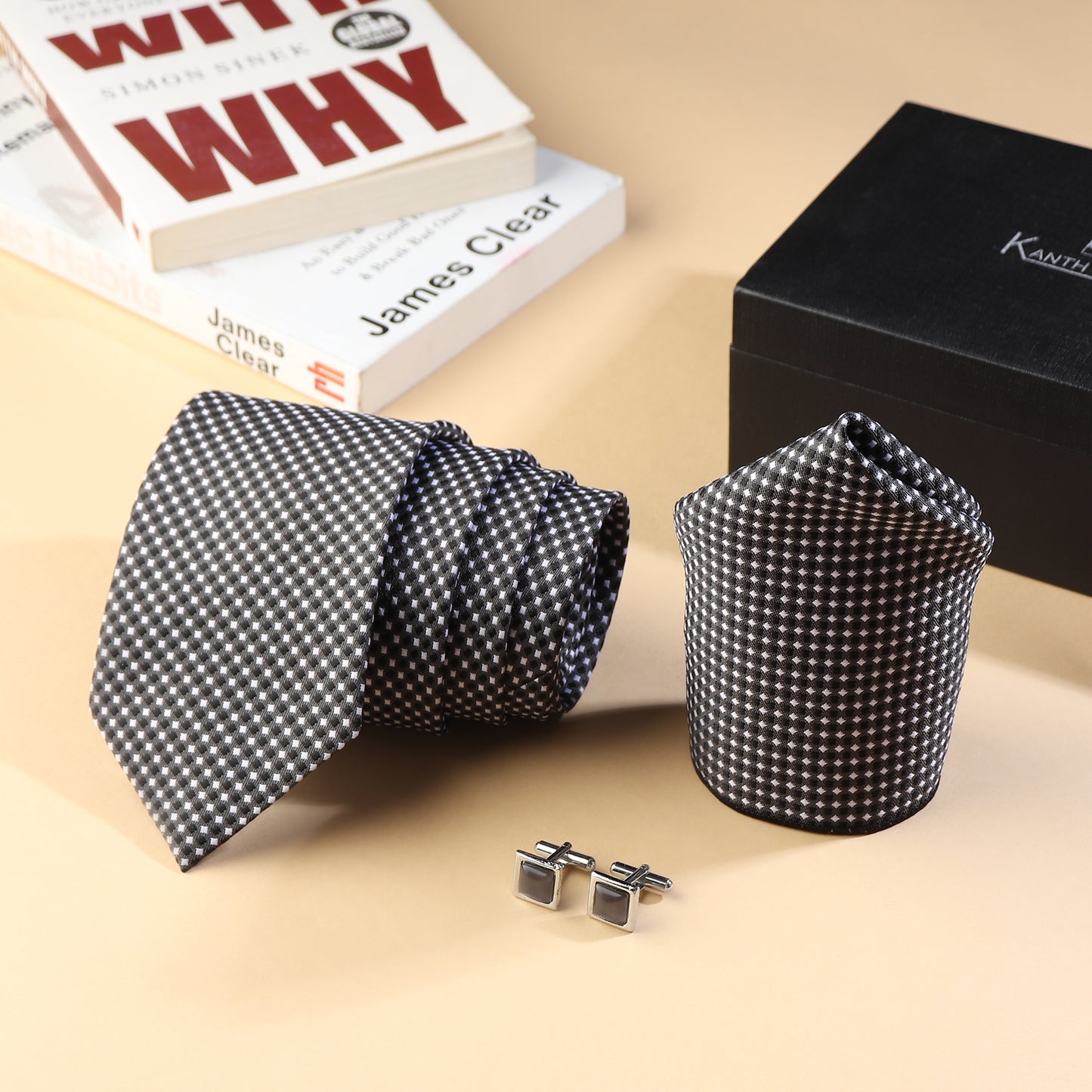Kanthlangot Men’s Tie Set – Black & White Checkered Tie, Pocket Square & Dark Silver Cufflinks