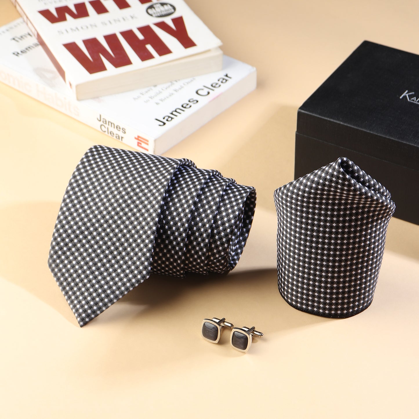 Kanthlangot Men’s 3-Piece Formal Set – Black Micro-Check Tie, Pocket Square & Rounded Stone Cufflinks (3-Inch Necktie)