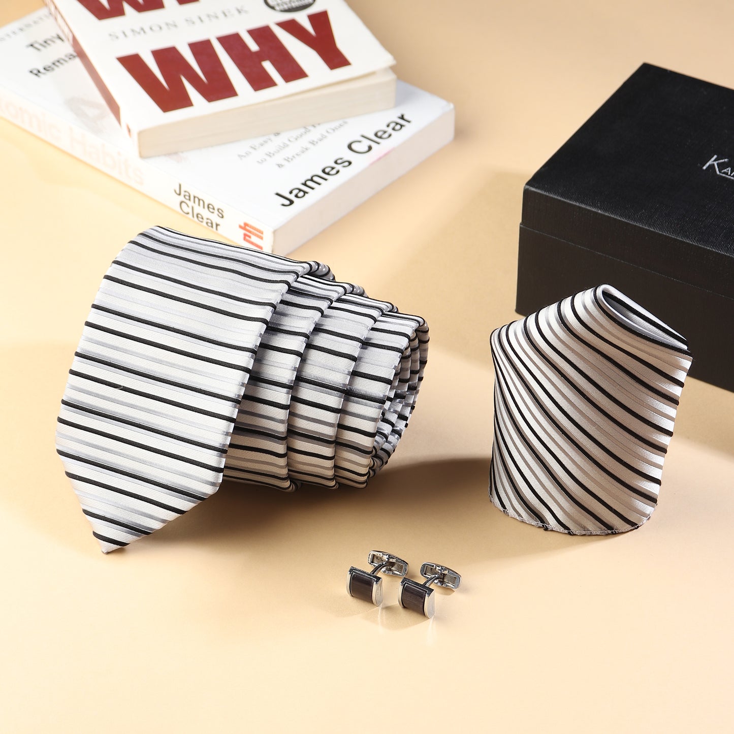 Kanthlangot Men’s 3-Piece Formal Set – Striped White, Grey & Black Tie, Pocket Square & Silver Cufflinks (3-Inch Necktie)