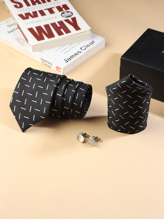 Kanthlangot Men’s 3-Piece Formal Set – Black Dash Tie, Pocket Square & Light Silver Cufflinks (3-Inch Necktie)