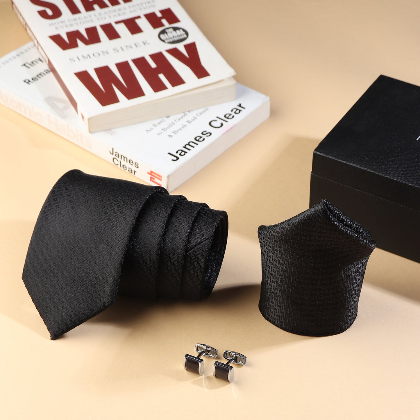 Kanthlangot Men’s 3-Piece Formal Set – Black Geometric Texture Tie, Pocket Square & Rectangular Black Cufflinks (3-Inch Necktie)