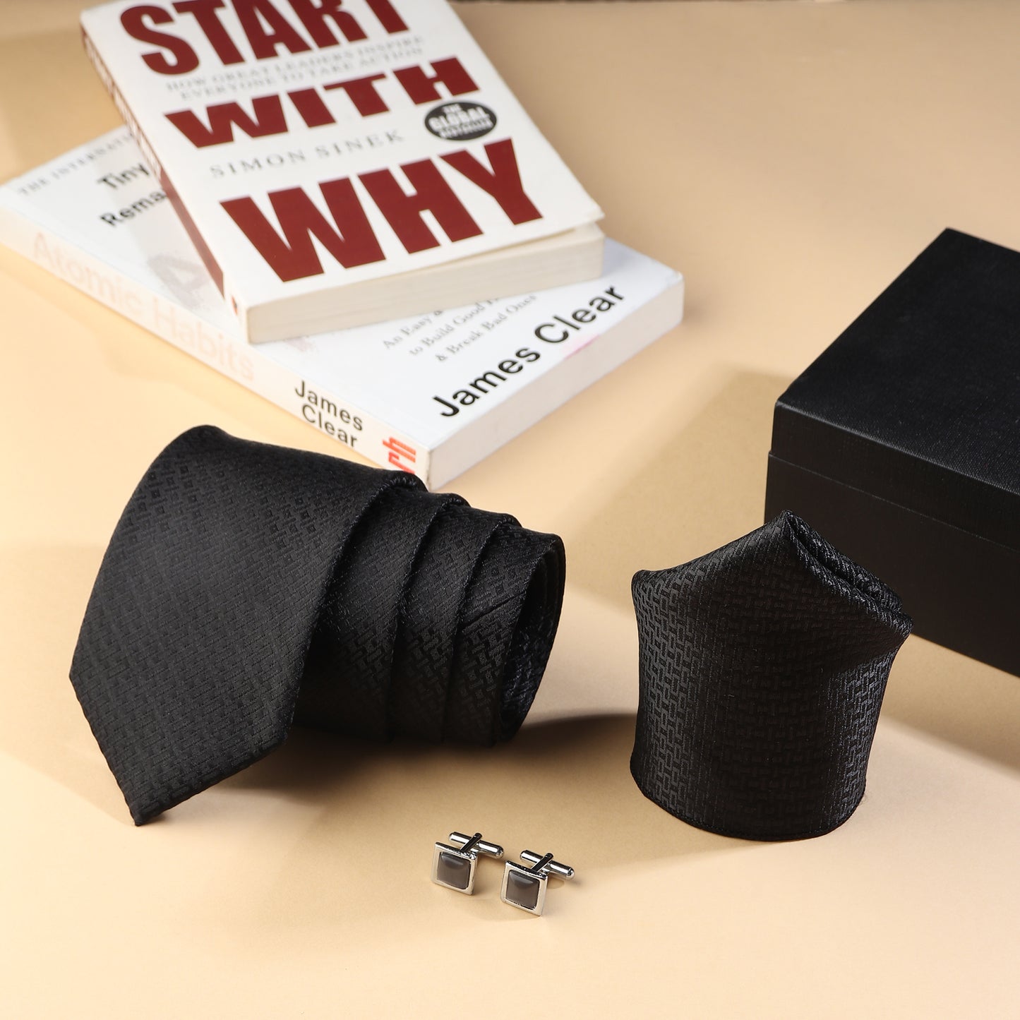 Kanthlangot Men’s 3-Piece Formal Set – Black Geometric Tie, Pocket Square & Square Dark Stone Cufflinks (3-Inch Necktie)