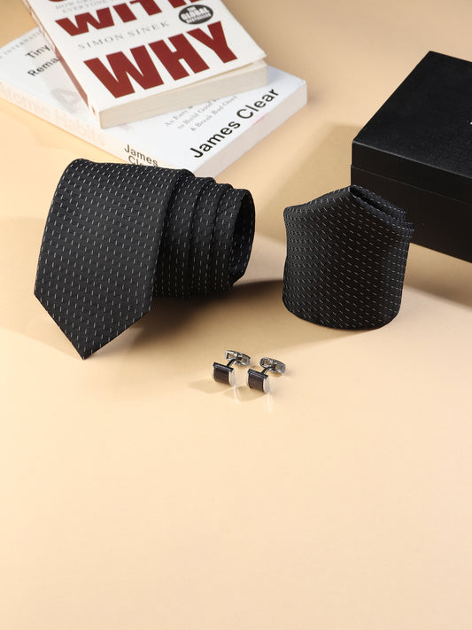 Kanthlangot Men’s 3-Piece Formal Set – Black Micro-Dash Tie, Pocket Square & Rectangular Dark Cufflinks (3-Inch Necktie)