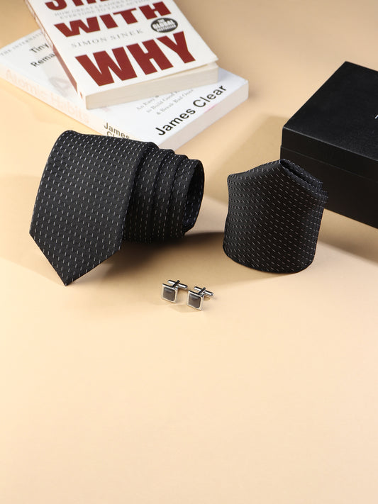 Kanthlangot Men’s 3-Piece Formal Set – Black Micro-Dash Tie, Pocket Square & Square Polished Dark Cufflinks (3-Inch Necktie)