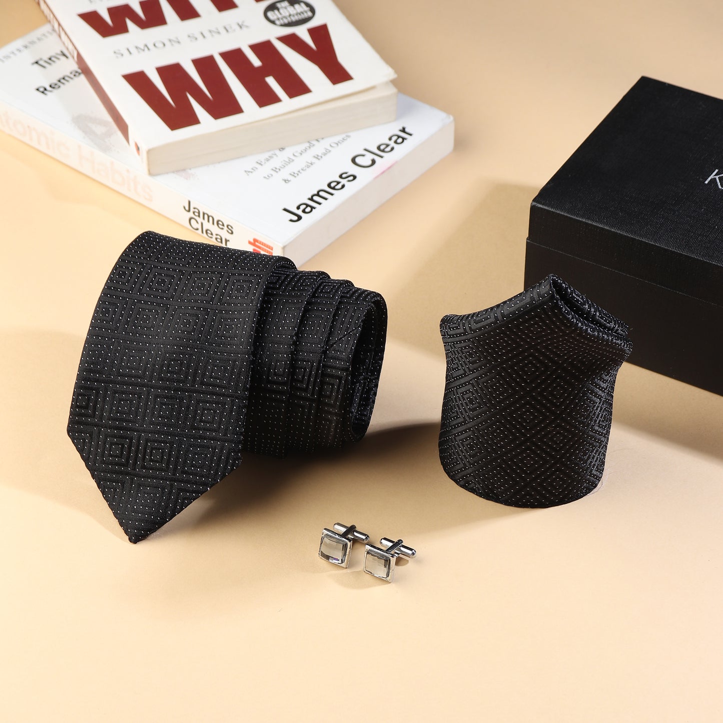 Kanthlangot Men’s 3-Piece Formal Set – Black Maze-Pattern Tie, Pocket Square & Clear Crystal Cufflinks (3-Inch Necktie)