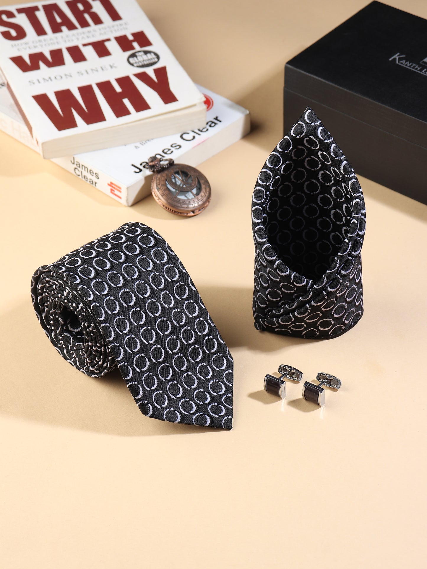 Kanthlangot Men’s 3-Piece Formal Set – Black Circle Tie, Pocket Square & Black-Tone Cufflinks (3-Inch Necktie)