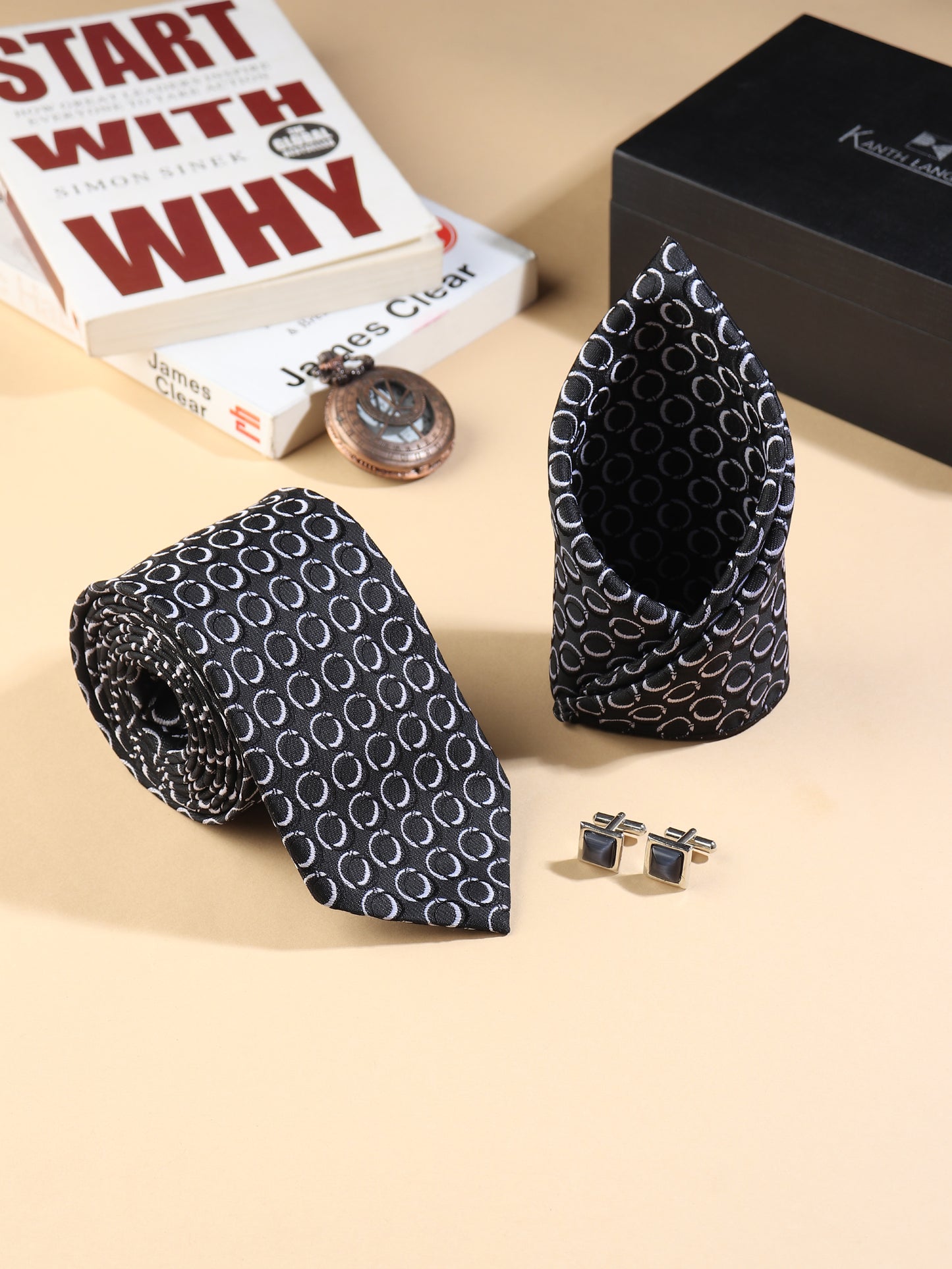 Kanthlangot Men’s 3-Piece Formal Set – Black Circle Tie, Pocket Square & Grey Stone Cufflinks (3-Inch Necktie)