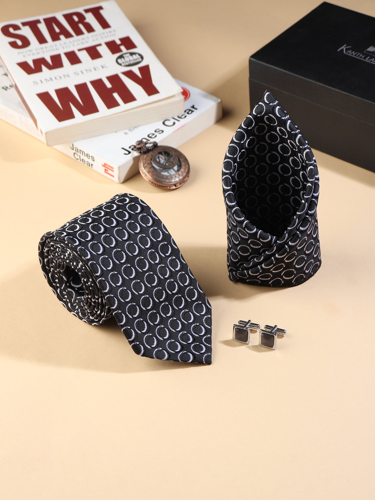 Kanthlangot Men’s 3-Piece Formal Set – Black Circle Tie, Pocket Square & Dark Grey Cufflinks (3-Inch Necktie)