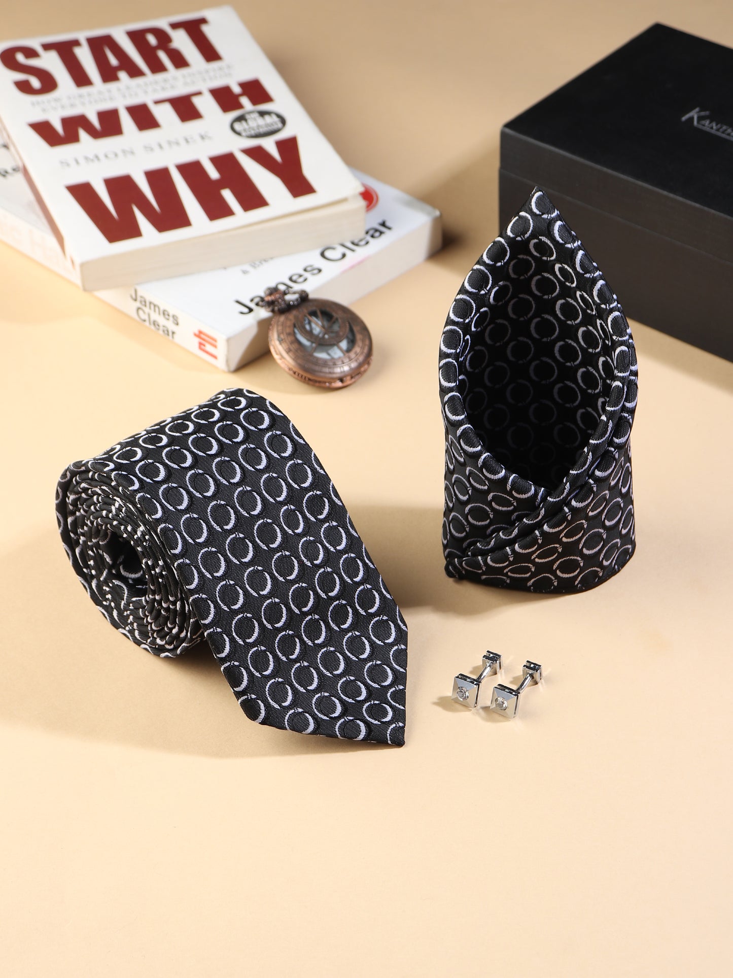 Kanthlangot Men’s 3-Piece Set – Black Circle Tie, Pocket Square & Crystal Cufflinks (3-Inch Necktie)