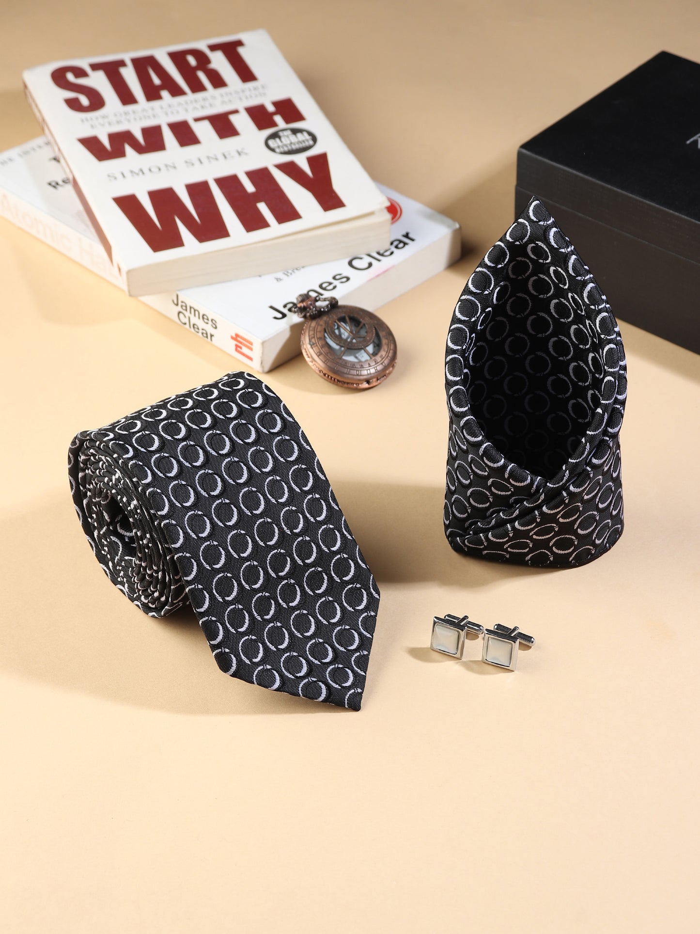 Kanthlangot Black & White Necktie Set for Men | 3-Inch Wide Tie with Pocket Square & Cufflinks | Premium Microfiber Formal Gift Set