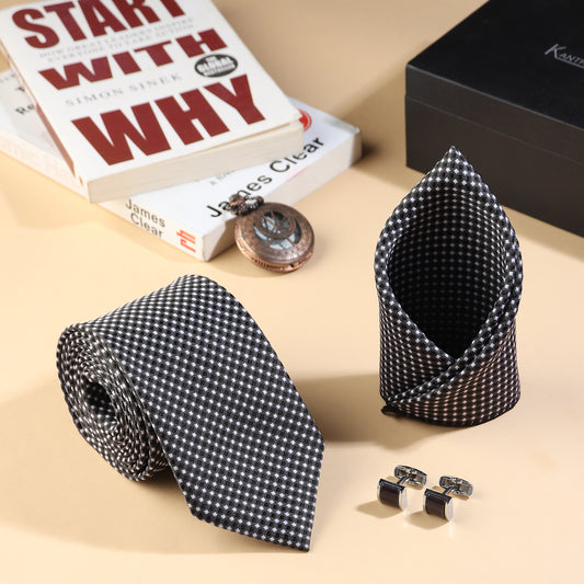 Kanthlangot Men’s 3-Piece Set – Micro-Check Black Tie, Pocket Square & Cufflinks (3-Inch Necktie)