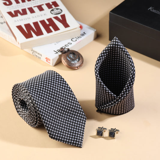 Kanthlangot Men’s 3-Piece Set – Black Micro-Check Tie, Pocket Square & Glossy Cufflinks (3-Inch Necktie)