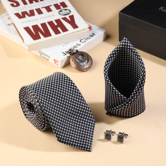 Kanthlangot Men’s Tie Set – Black & White Checkered Tie, Pocket Square & Dark Silver Cufflinks
