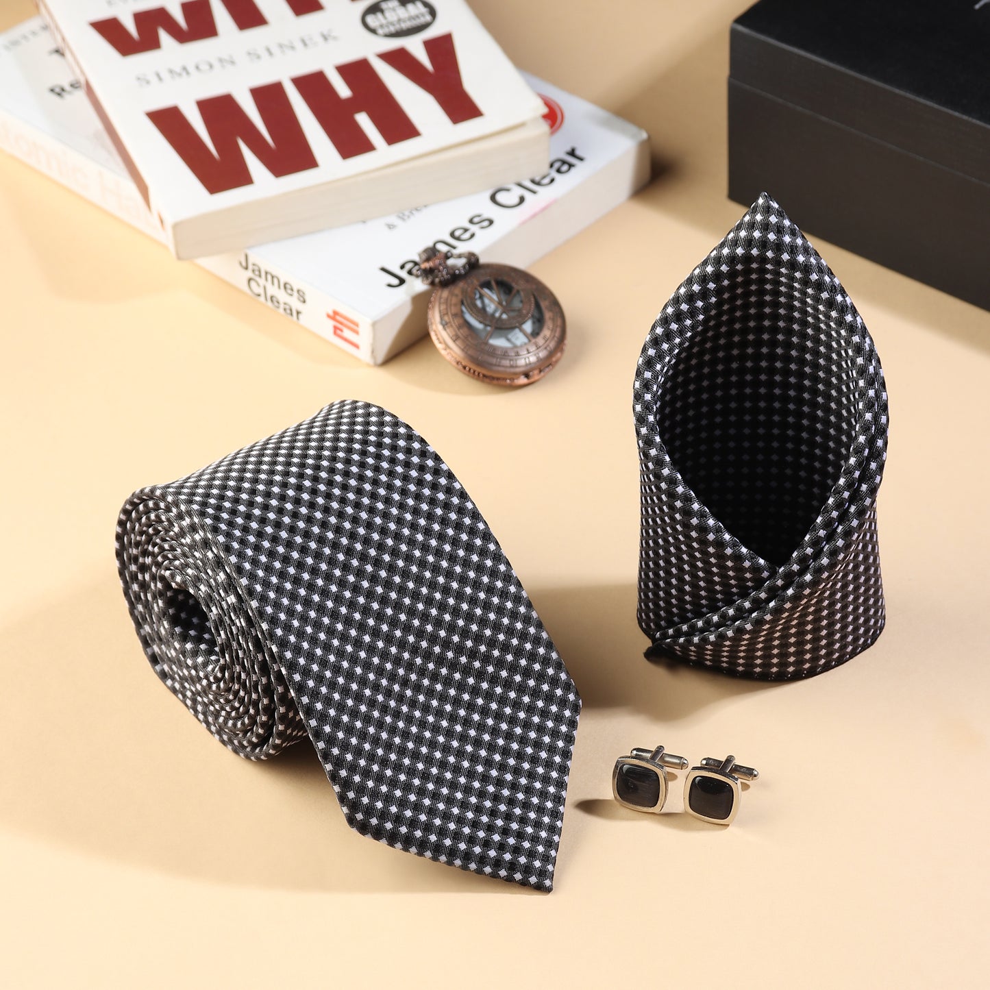 Kanthlangot Men’s 3-Piece Formal Set – Black Micro-Check Tie, Pocket Square & Rounded Stone Cufflinks (3-Inch Necktie)