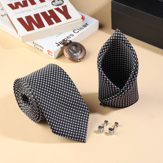 Kanthlangot Men’s Formal Set – Black Micro-Check Tie, Pocket Square & Crystal Silver Cufflinks (3-Inch Necktie)