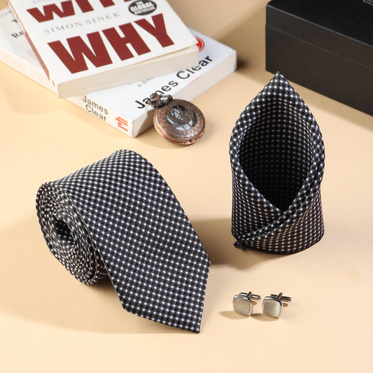 Kanthlangot Men’s 3-Piece Formal Set – Black Micro-Check Tie, Pocket Square & Silver Rounded Cufflinks (3-Inch Necktie)