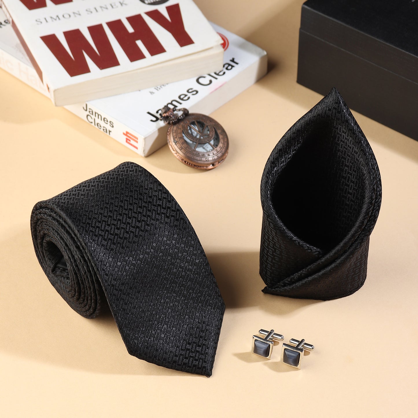 Kanthlangot Men’s 3-Piece Formal Set – Black Geometric Tie, Pocket Square & Grey Cat’s Eye Cufflinks (3-Inch Necktie)