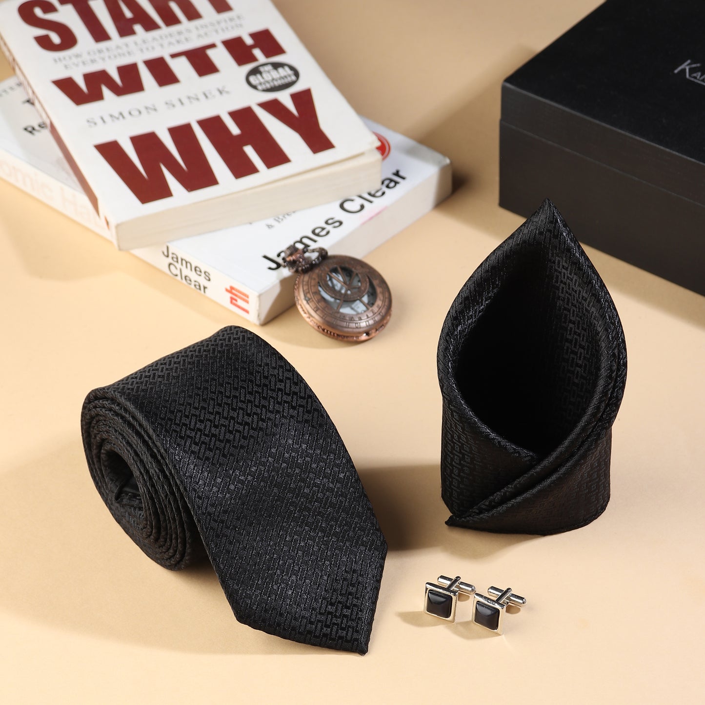 Kanthlangot Men’s 3-Piece Formal Set – Black Geometric Tie, Pocket Square & Square Dark Stone Cufflinks (3-Inch Necktie) (Copy)