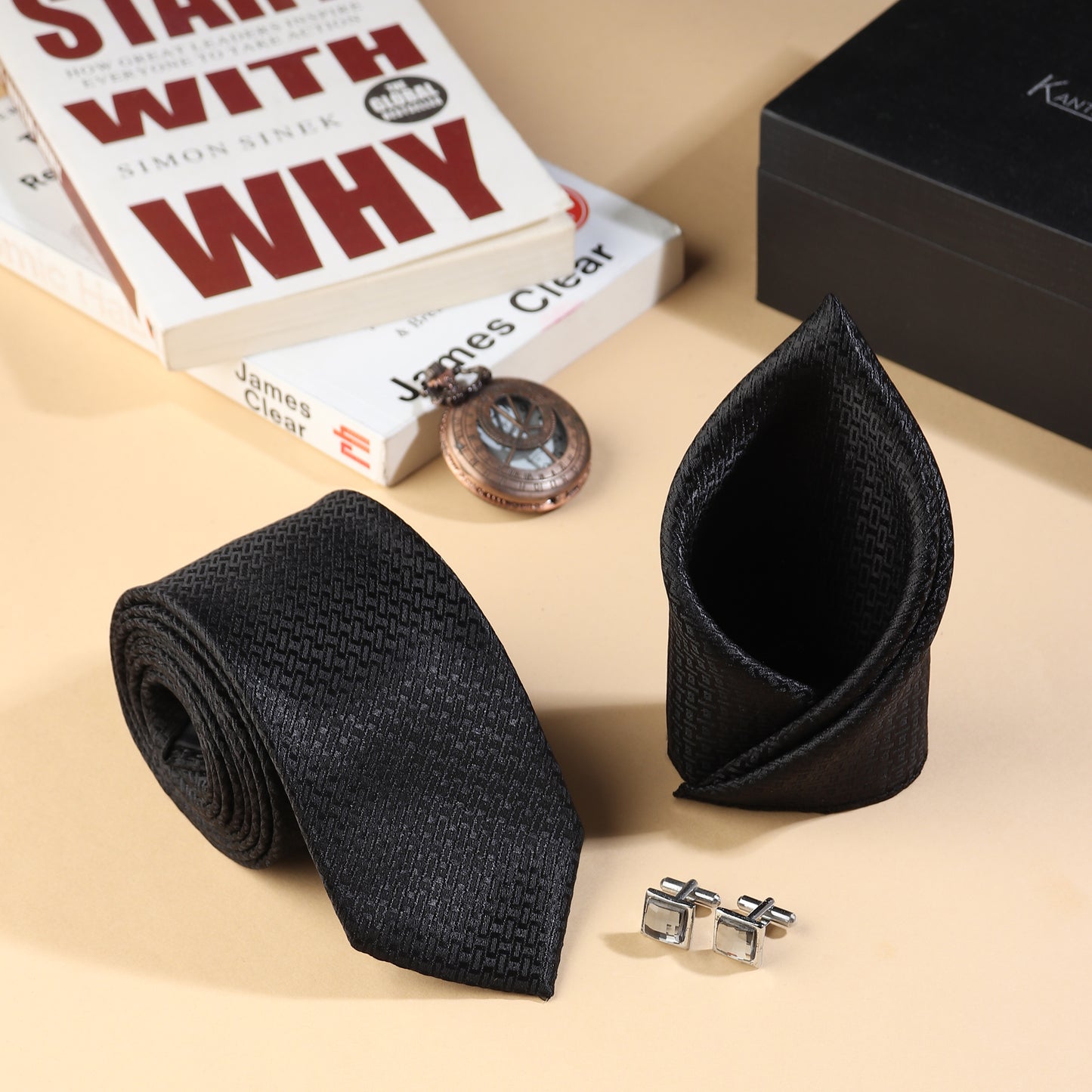 Kanthlangot Men’s 3-Piece Formal Set – Black Geometric Tie, Pocket Square & Square Light Stone Cufflinks (3-Inch Necktie)